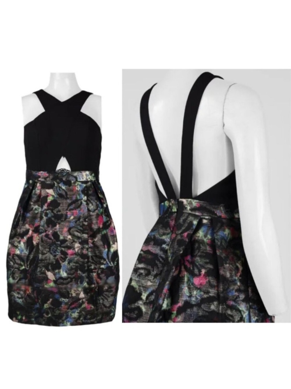 Aidan Mattox Mini Dress Cross Neck Cutout Jacquard Size 10 Black Multi